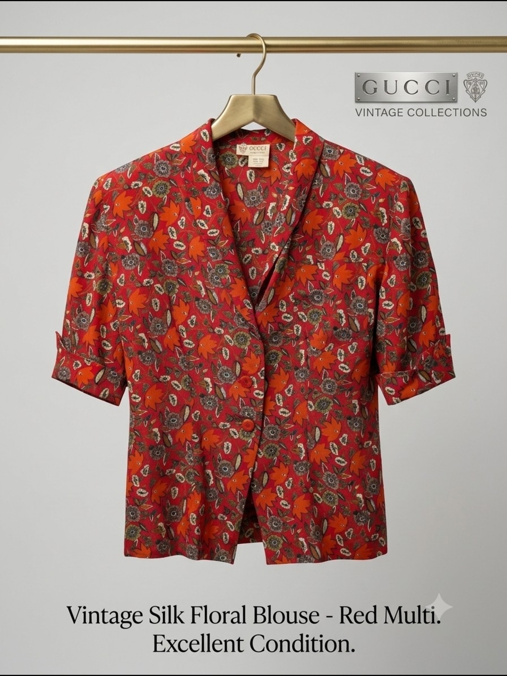 1980's Gucci Vintage Silk Corporate Core Floral Blouse - Red Multi